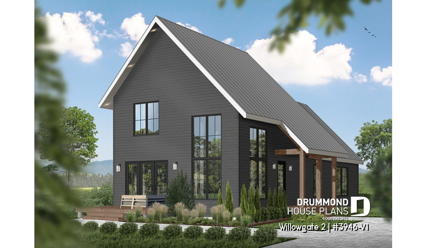 front - BASE MODEL of house plan 3946-V1 front - BASE MODEL - Modern Scandinavian Cottage Home Plan, 3 Beds, Master Suite on Main Floor, Lots of Natural Light, Mezzanine - Willowgate 2