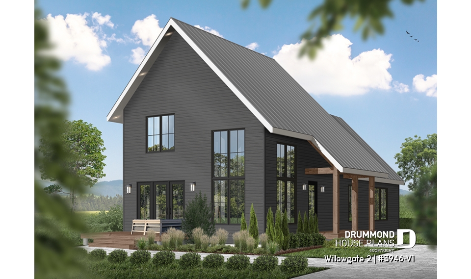 front - BASE MODEL - Modern Scandinavian Cottage Home Plan, 3 Beds, Master Suite on Main Floor, Lots of Natural Light, Mezzanine - Willowgate 2