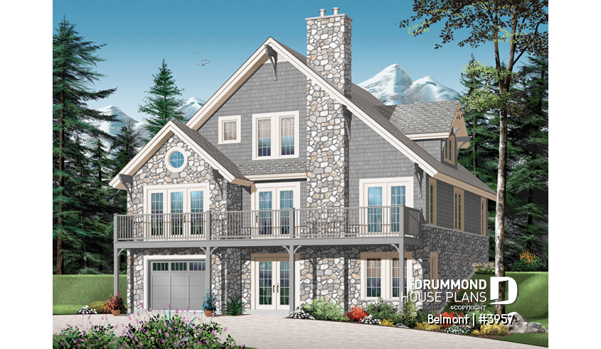 Rear view - BASE MODEL of house plan 3957 Rear view - BASE MODEL - Home Design Featuring an Elevator and Walkout Basement, Panoramic Views, a Double Garage, 3 to 4 Bedrooms. - Belmont