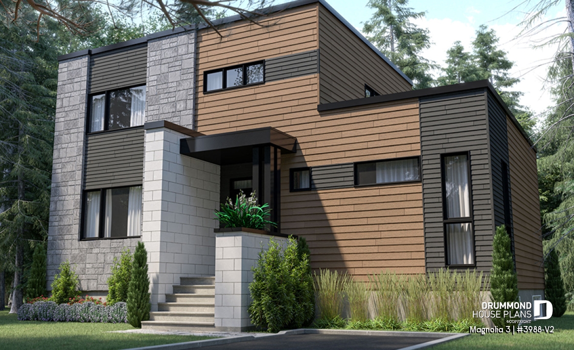 front - BASE MODEL - Mid-century 4 bedroom house plan with master suite, open floor plan, 9' ceiling on main floor - Magnolia 3