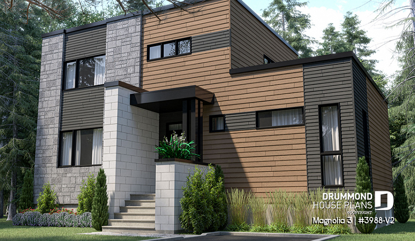 front - BASE MODEL - Mid-century 4 bedroom house plan with master suite, open floor plan, 9' ceiling on main floor - Magnolia 3