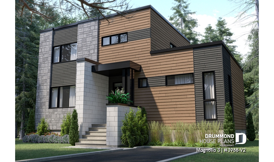 front - BASE MODEL - Mid-century 4 bedroom house plan with master suite, open floor plan, 9' ceiling on main floor - Magnolia 3