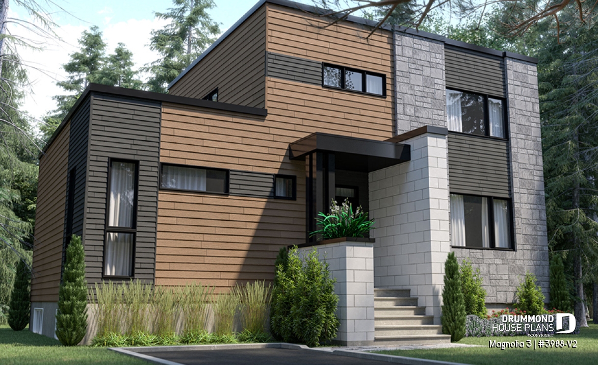 front - BASE MODEL - Mid-century 4 bedroom house plan with master suite, open floor plan, 9' ceiling on main floor - Magnolia 3