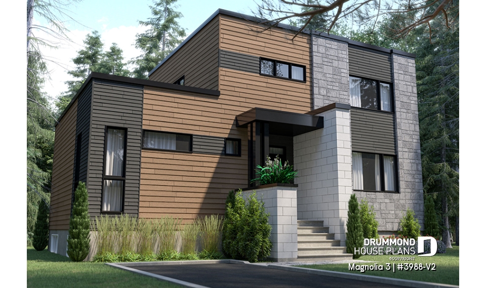 front - BASE MODEL - Mid-century 4 bedroom house plan with master suite, open floor plan, 9' ceiling on main floor - Magnolia 3