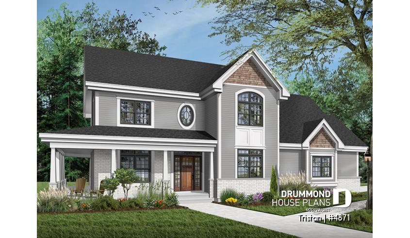 Color version 3 - Front of house plan 4871 Color version 3 - Front - Beautiful 4-bedroom American Farmhouse model with a spacious main-floor primary suite. - Tristan
