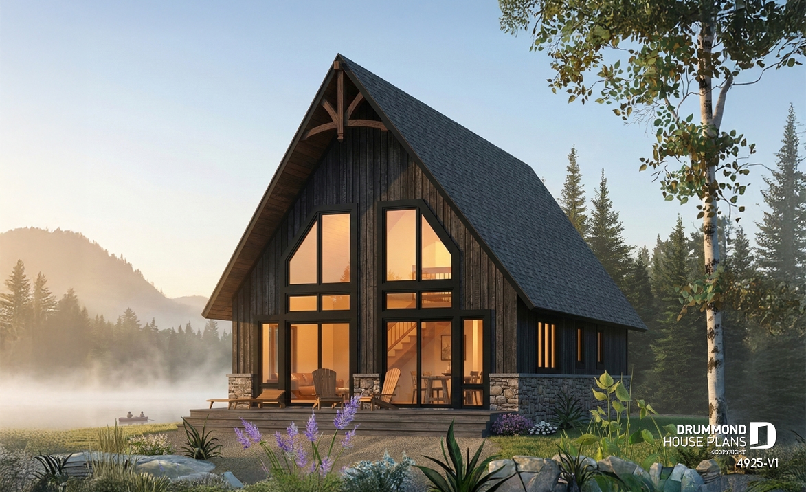 Rear view - BASE MODEL - Rustic small cabin plan with loft, fireplace, 3 bedrooms, and bright open living ideal for lakefront lot - Whiskey Jack 3
