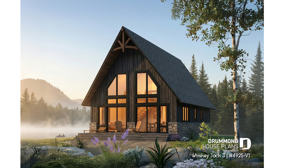 Rear view - BASE MODEL - Rustic small cabin plan with loft, fireplace, 3 bedrooms, and bright open living ideal for lakefront lot - Whiskey Jack 3