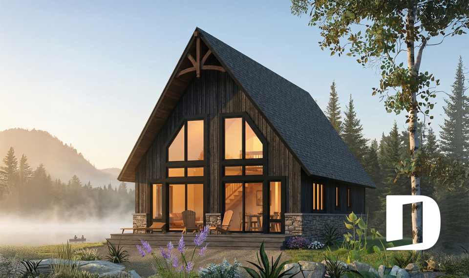 Rear view - BASE MODEL - Rustic small cabin plan with loft, fireplace, 3 bedrooms, and bright open living ideal for lakefront lot - Whiskey Jack 3