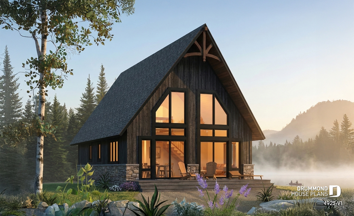 Rear view - BASE MODEL - Rustic small cabin plan with loft, fireplace, 3 bedrooms, and bright open living ideal for lakefront lot - Whiskey Jack 3