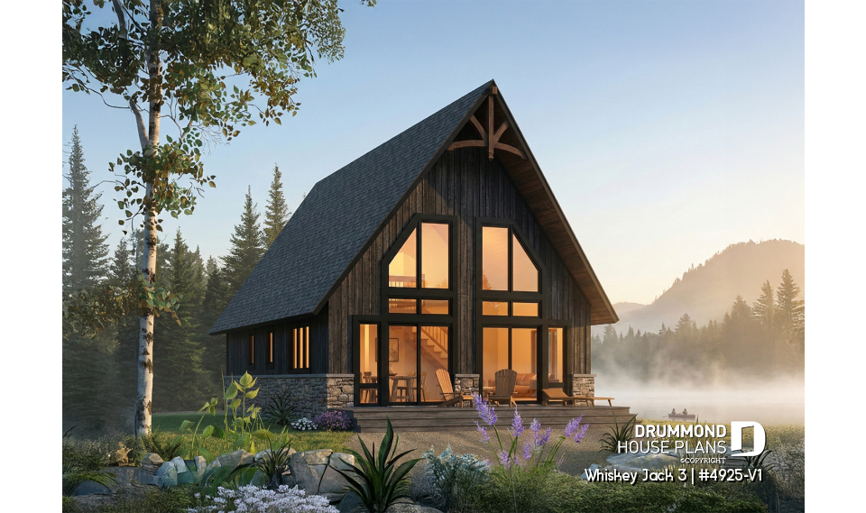Rear view - BASE MODEL - Rustic small cabin plan with loft, fireplace, 3 bedrooms, and bright open living ideal for lakefront lot - Whiskey Jack 3