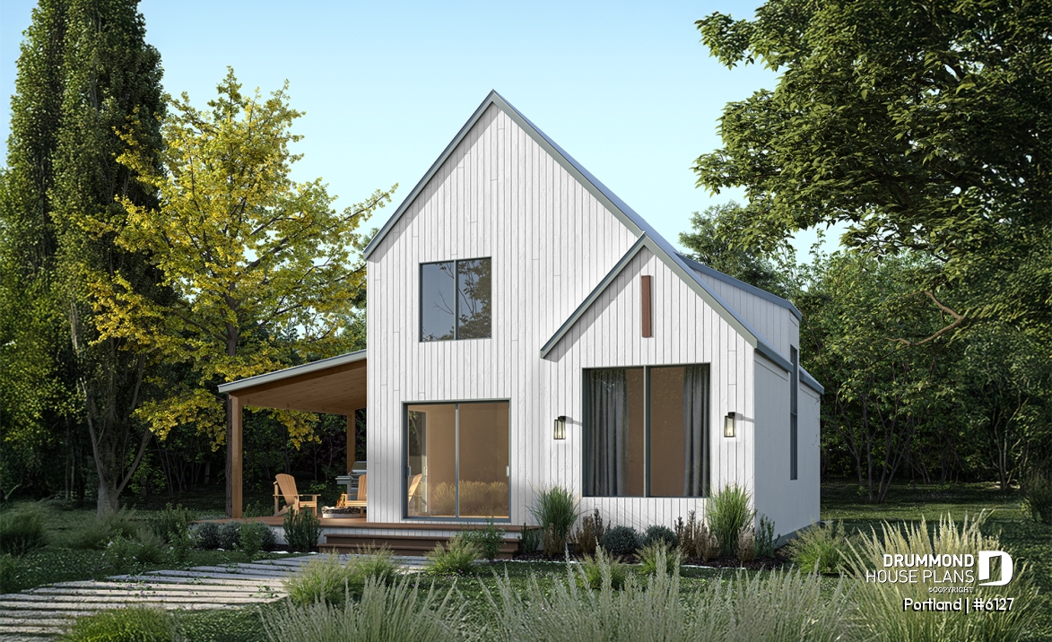 Rear view - BASE MODEL - Scandinavian-style home design featuring Maibec red cedar siding. - Portland