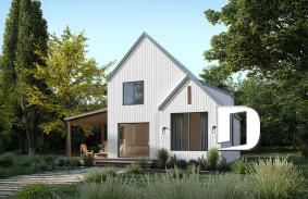 Rear view - BASE MODEL - Scandinavian-style home design featuring Maibec red cedar siding. - Portland