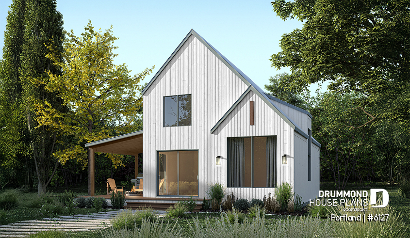 Rear view - BASE MODEL - Scandinavian-style home design featuring Maibec red cedar siding. - Portland