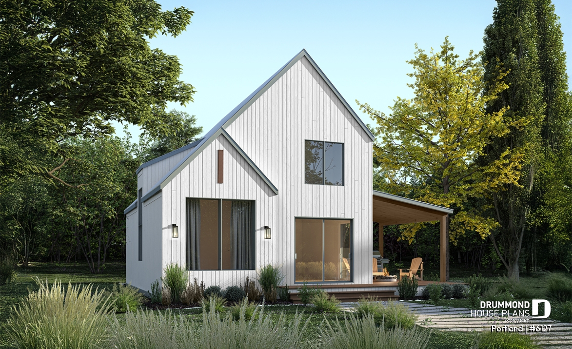 Rear view - BASE MODEL - Scandinavian-style home design featuring Maibec red cedar siding. - Portland