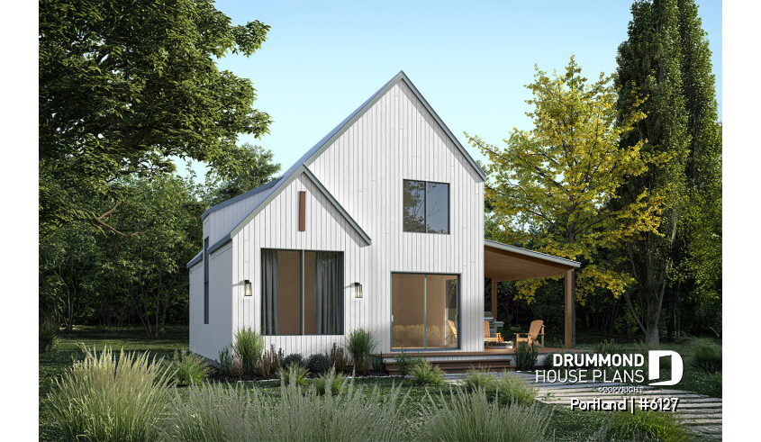 Rear view - BASE MODEL of house plan 6127 Rear view - BASE MODEL - Scandinavian-style home design featuring Maibec red cedar siding. - Portland