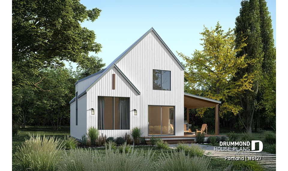 Rear view - BASE MODEL - Scandinavian-style home design featuring Maibec red cedar siding. - Portland