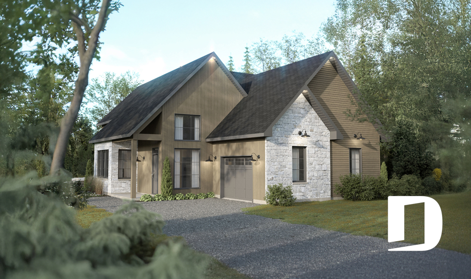 front - BASE MODEL - 2-story house plan North (#6128) with garage, 2 bedrooms + optional 3rd, bright with STÛV s21 fireplace - North