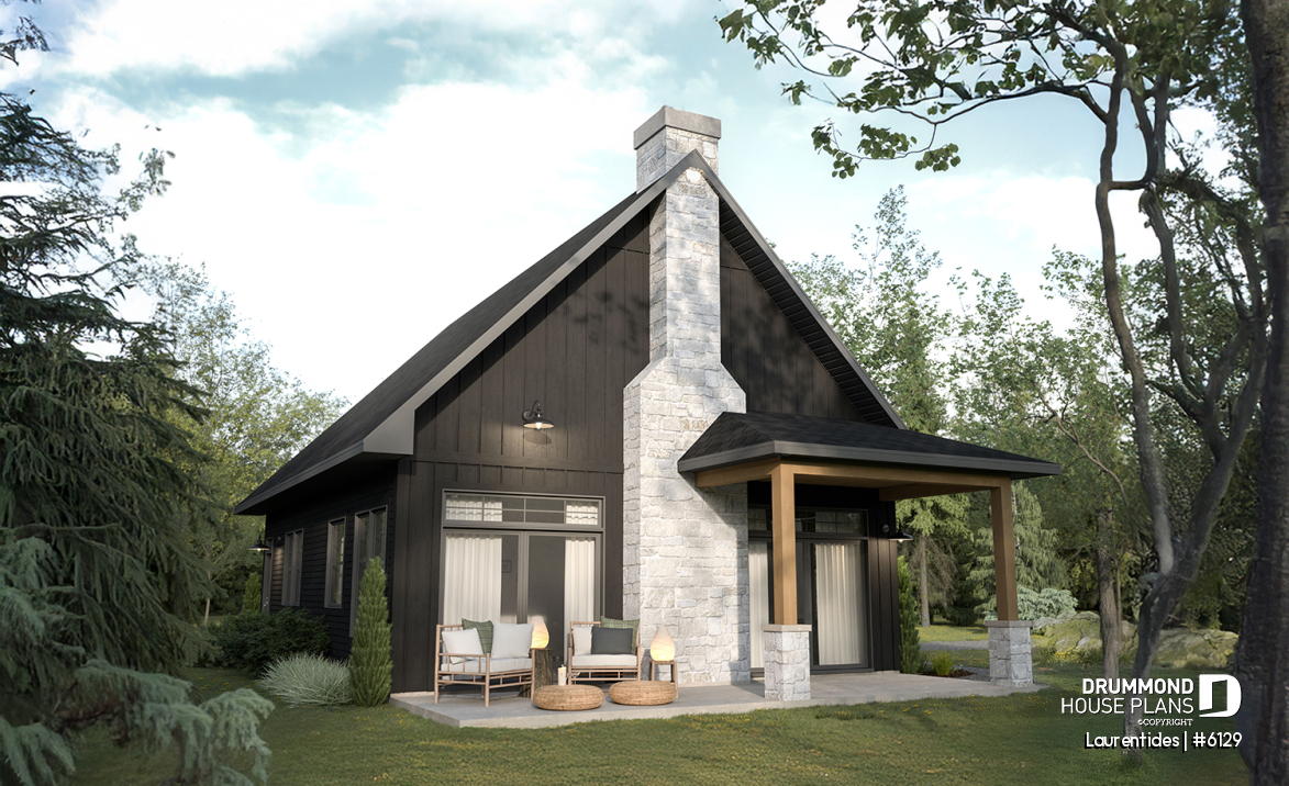 Rear view - BASE MODEL - Rustic cottage house plan with mezzanine, cathedral ceiling and bright, inviting open-concept living space - Laurentides