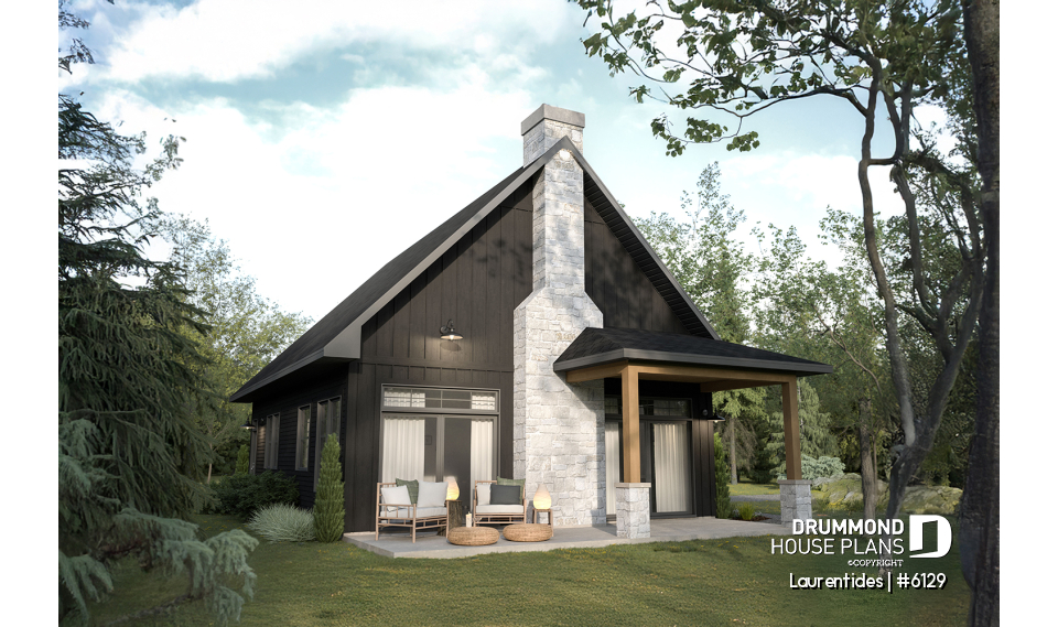 Rear view - BASE MODEL - Rustic cottage house plan with mezzanine, cathedral ceiling and bright, inviting open-concept living space - Laurentides