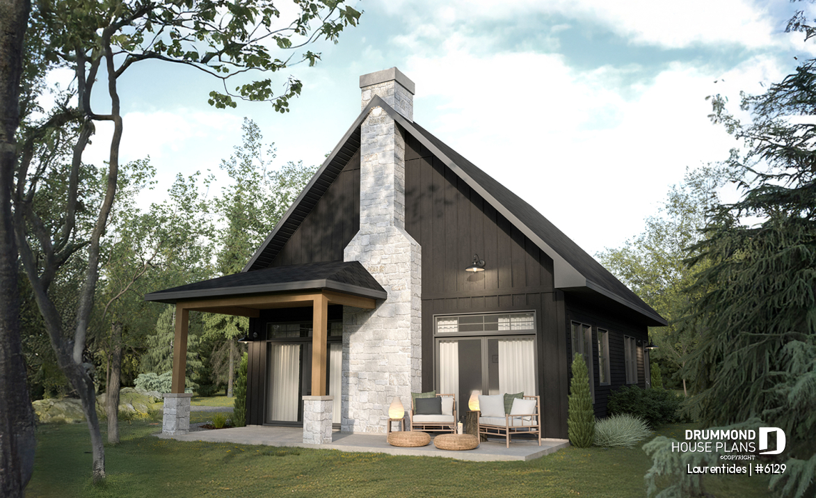 Rear view - BASE MODEL - Rustic cottage house plan with mezzanine, cathedral ceiling and bright, inviting open-concept living space - Laurentides