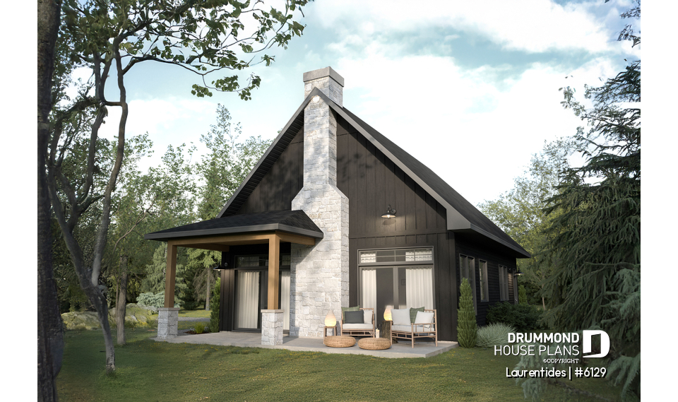 Rear view - BASE MODEL - Rustic cottage house plan with mezzanine, cathedral ceiling and bright, inviting open-concept living space - Laurentides