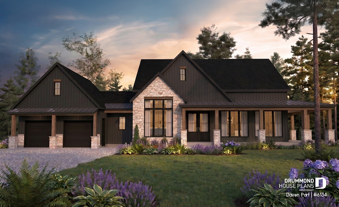 front - BASE MODEL - One-story modern farmhouse with 3 bedrooms, flex room, bonus room, outdoor kitchen and slab foundation. - Daven Port