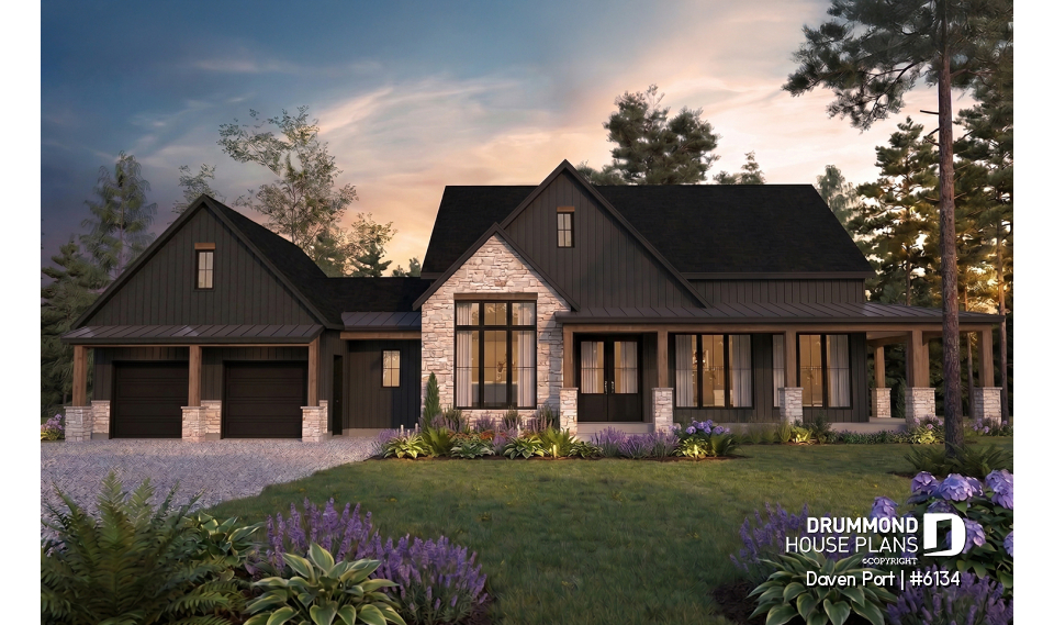 front - BASE MODEL - One-story modern farmhouse with 3 bedrooms, flex room, bonus room, outdoor kitchen and slab foundation. - Daven Port