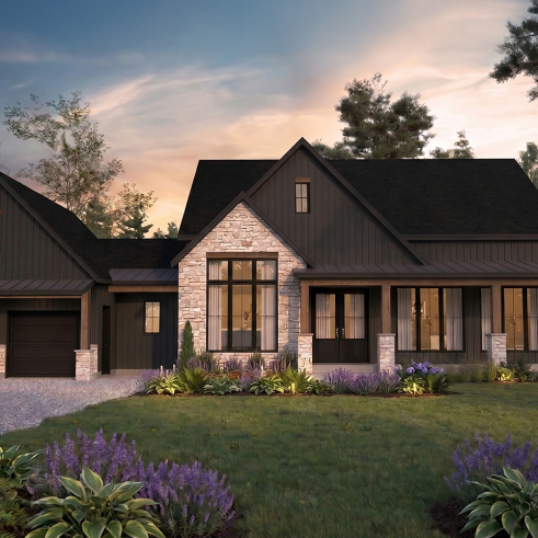 front - BASE MODEL - One-story modern farmhouse with 3 bedrooms, flex room, bonus room, outdoor kitchen and slab foundation. - Daven Port
