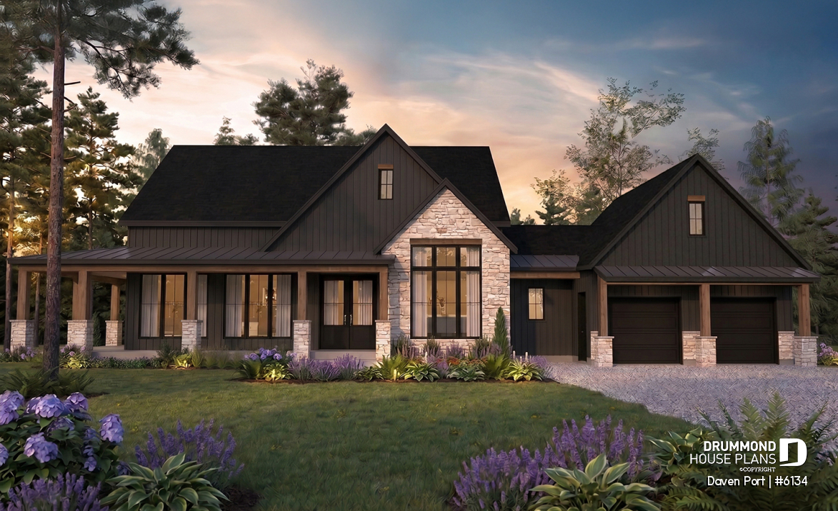 front - BASE MODEL - One-story modern farmhouse with 3 bedrooms, flex room, bonus room, outdoor kitchen and slab foundation. - Daven Port