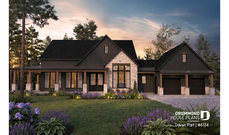 front - BASE MODEL - One-story modern farmhouse with 3 bedrooms, flex room, bonus room, outdoor kitchen and slab foundation. - Daven Port