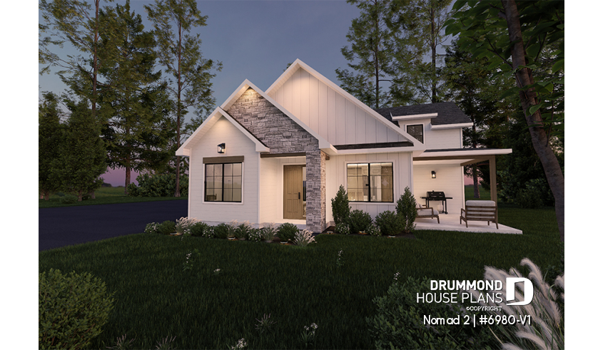 front - BASE MODEL - Farmhouse-style home plan with attached RV garage, and an option offering 2-bedroom, two-story accommodation - Nomad 2