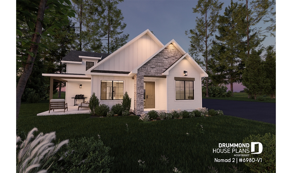 front - BASE MODEL - Ranch-style home plan with attached RV garage, and an option offering 2-bedroom, two-story accommodation - Nomad 2