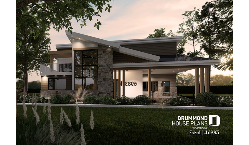 front - BASE MODEL - Modern one bedroom home with attached RV garage and single and four bedroom garage option - Eskal