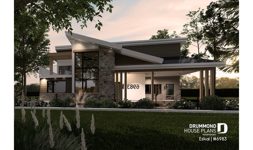 front - BASE MODEL - Modern one bedroom home with attached RV garage and single and four bedroom garage option - Eskal