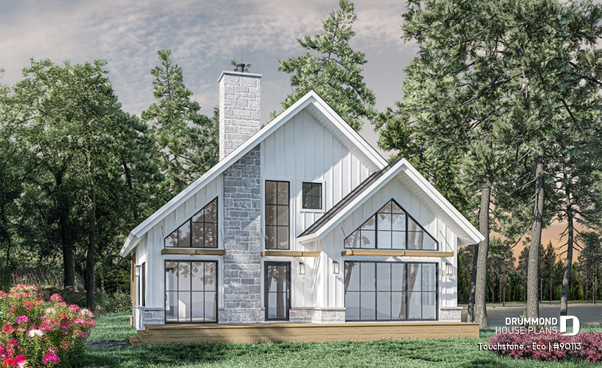 Rear view - BASE MODEL - Eco-friendly Cottage plan, panoramic view, 3 to 5 beds, cathedral ceiling, finished basement (*optional $) - Touchstone - Eco