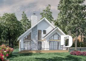 Rear view - BASE MODEL - Eco-friendly Cottage plan, panoramic view, 3 to 5 beds, cathedral ceiling, finished basement (*optional $) - Touchstone - Eco
