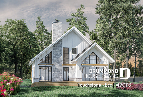 Rear view - BASE MODEL - Eco-friendly Cottage plan, panoramic view, 3 to 5 beds, cathedral ceiling, finished basement (*optional $) - Touchstone - Eco