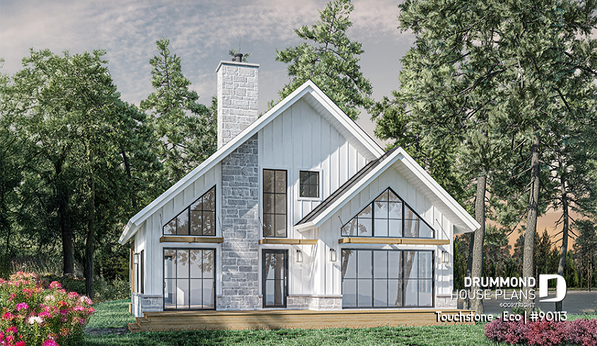 Rear view - BASE MODEL - Eco-friendly Cottage plan, panoramic view, 3 to 5 beds, cathedral ceiling, finished basement (*optional $) - Touchstone - Eco