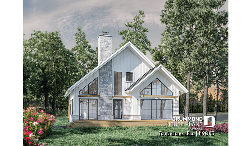 Rear view - BASE MODEL - Eco-friendly Cottage plan, panoramic view, 3 to 5 beds, cathedral ceiling, finished basement (*optional $) - Touchstone - Eco