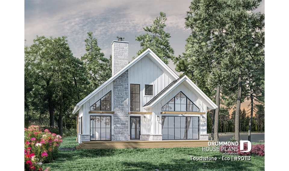 Rear view - BASE MODEL - Eco-friendly Cottage plan, panoramic view, 3 to 5 beds, cathedral ceiling, finished basement (*optional $) - Touchstone - Eco