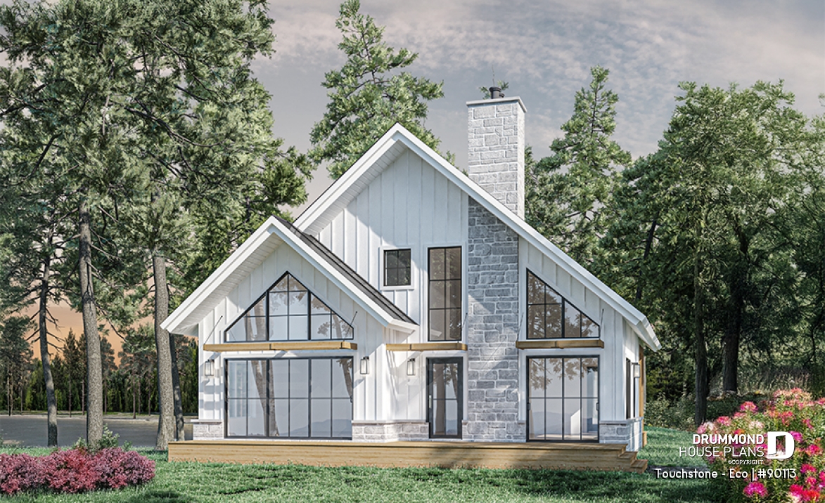 Rear view - BASE MODEL - Eco-friendly Cottage plan, panoramic view, 3 to 5 beds, cathedral ceiling, finished basement (*optional $) - Touchstone - Eco