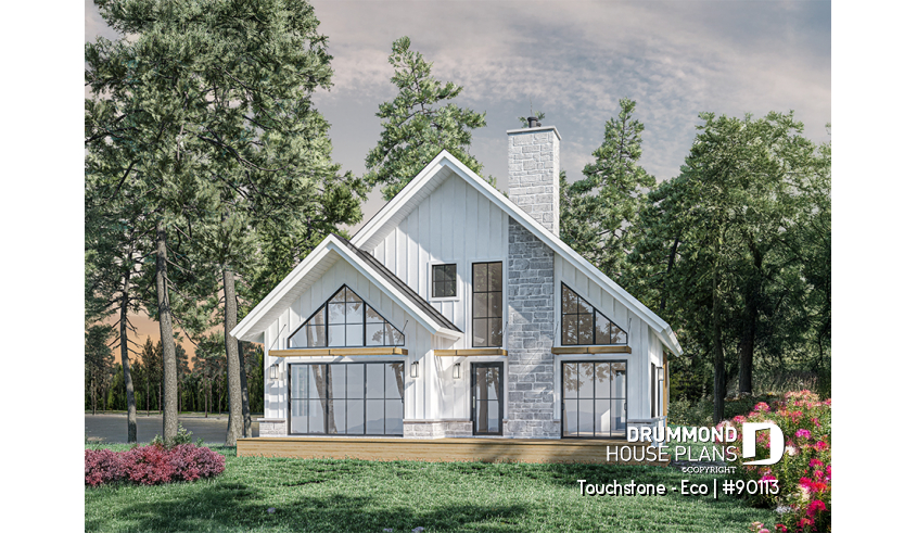 Rear view - BASE MODEL - Eco-friendly Cottage plan, panoramic view, 3 to 5 beds, cathedral ceiling, finished basement (*optional $) - Touchstone - Eco