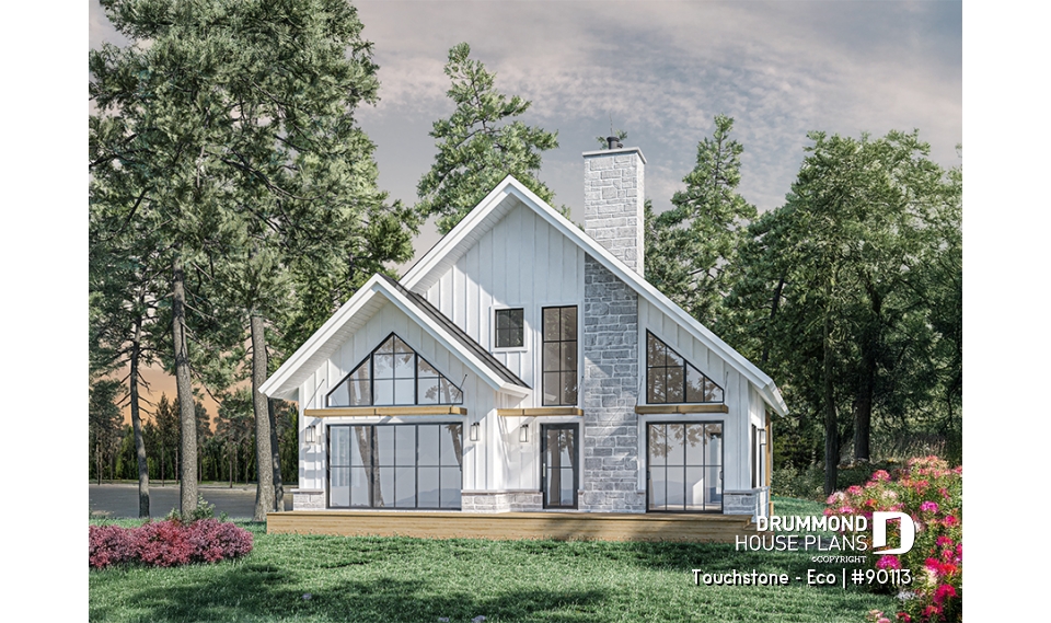 Rear view - BASE MODEL - Eco-friendly Cottage plan, panoramic view, 3 to 5 beds, cathedral ceiling, finished basement (*optional $) - Touchstone - Eco