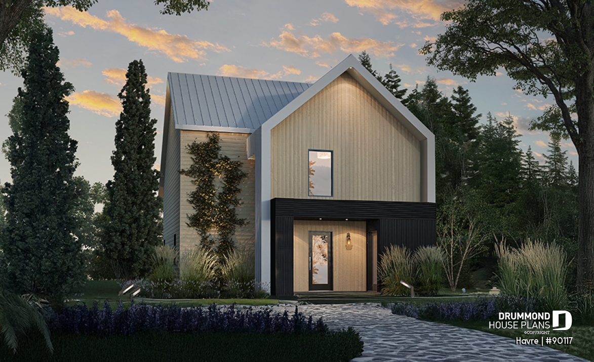 front - BASE MODEL - Eco-friendly house plan with one bedroom, beautiful natural light in the back, and upstairs mezzanine - Havre
