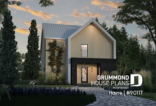 front - BASE MODEL - Eco-friendly house plan with one bedroom, beautiful natural light in the back, and upstairs mezzanine - Havre