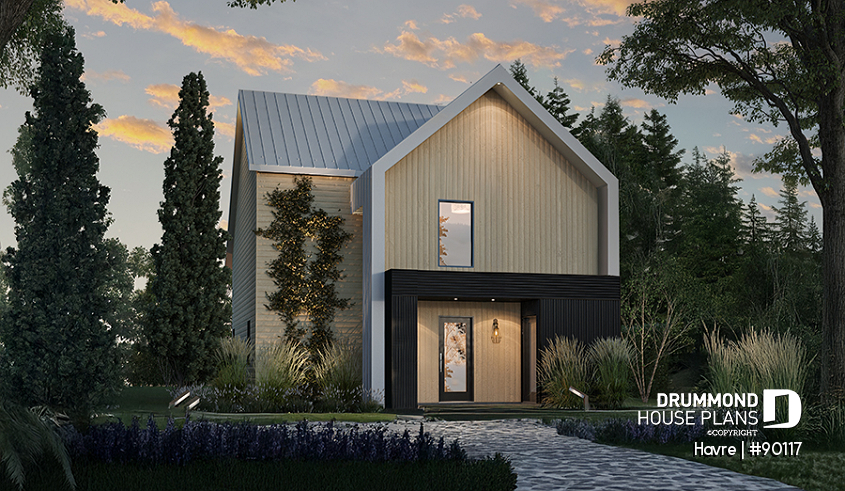 front - BASE MODEL - Eco-friendly house plan with one bedroom, beautiful natural light in the back, and upstairs mezzanine - Havre