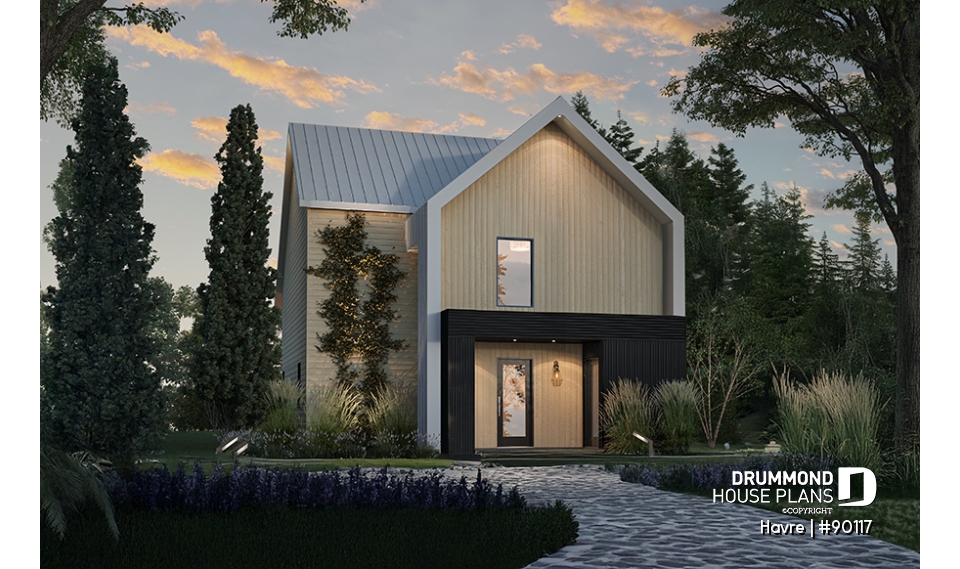 front - BASE MODEL - Eco-friendly house plan with one bedroom, beautiful natural light in the back, and upstairs mezzanine - Havre