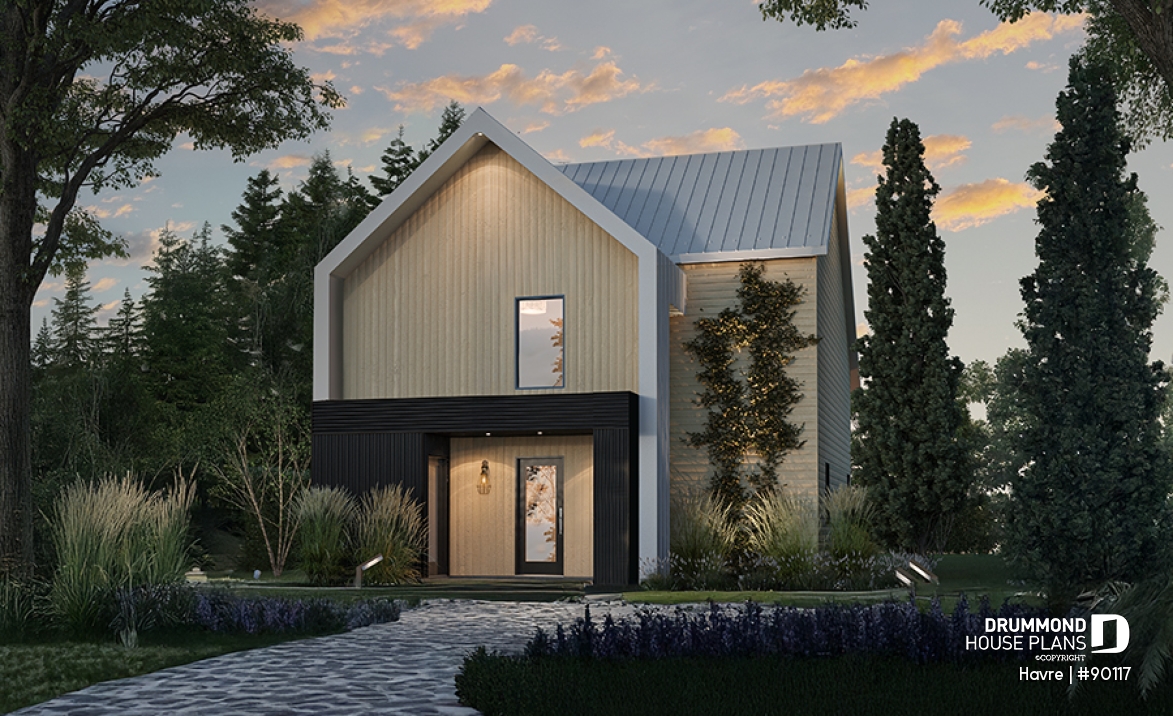 front - BASE MODEL - Eco-friendly house plan with one bedroom, beautiful natural light in the back, and upstairs mezzanine - Havre