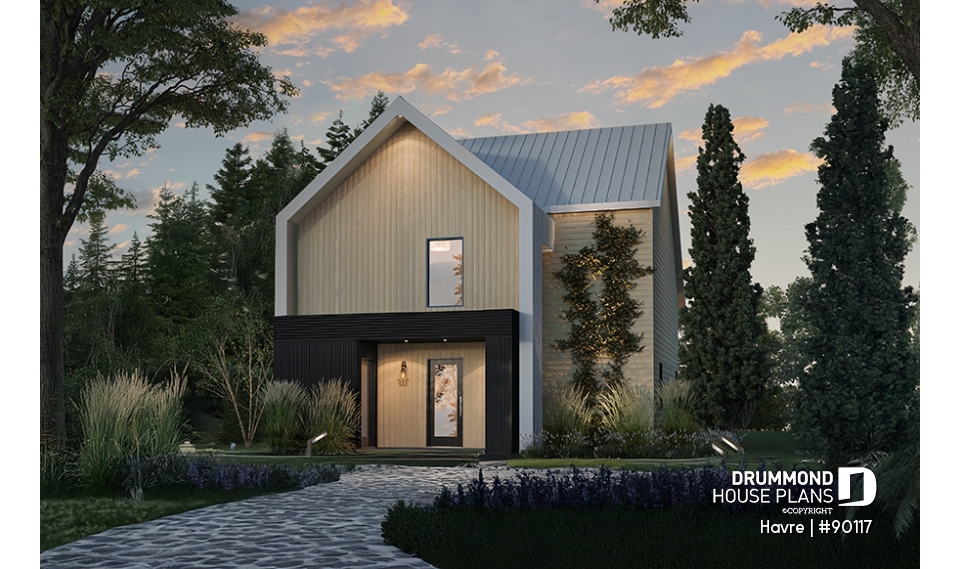 front - BASE MODEL - Eco-friendly house plan with one bedroom, beautiful natural light in the back, and upstairs mezzanine - Havre