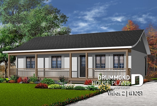 front - BASE MODEL - Economical 3 bedroom ranch style house plan with large family room, and laundry closet on main floor - Vistas 2